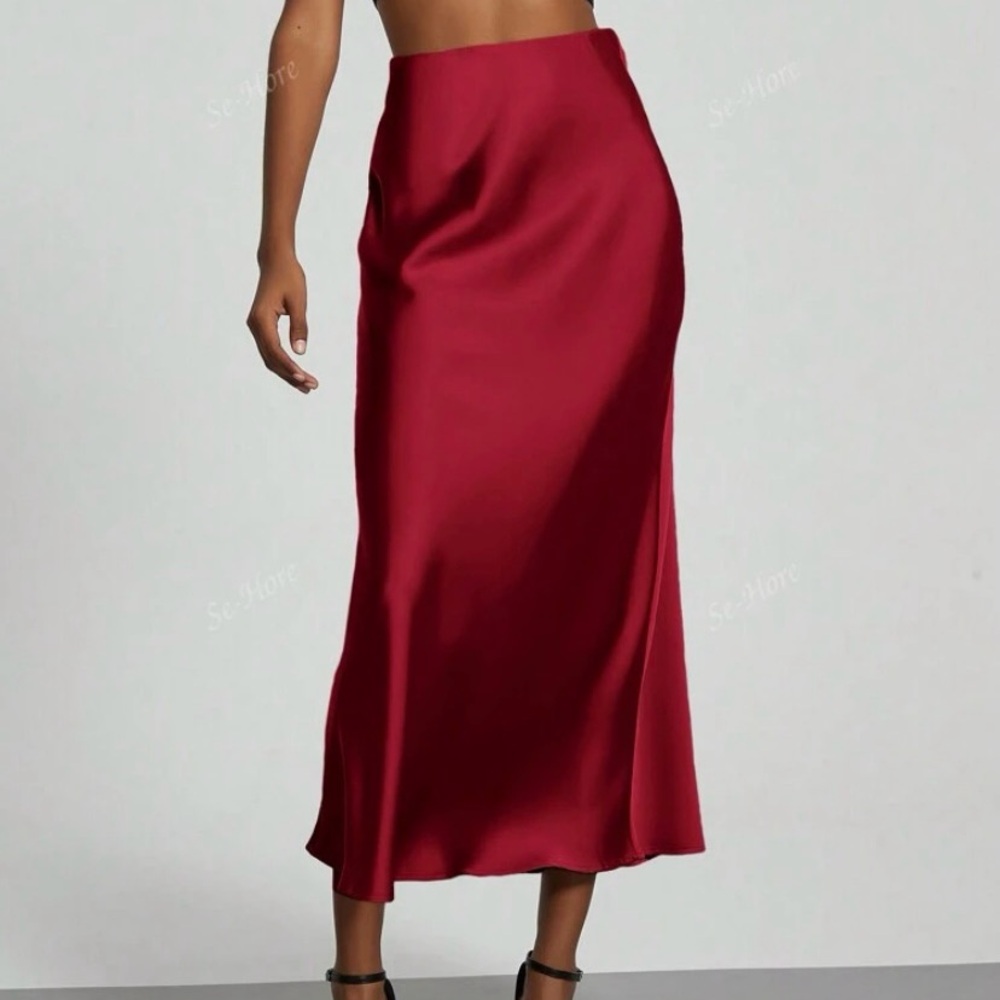 Elegant Red Satin Maxi Skirt